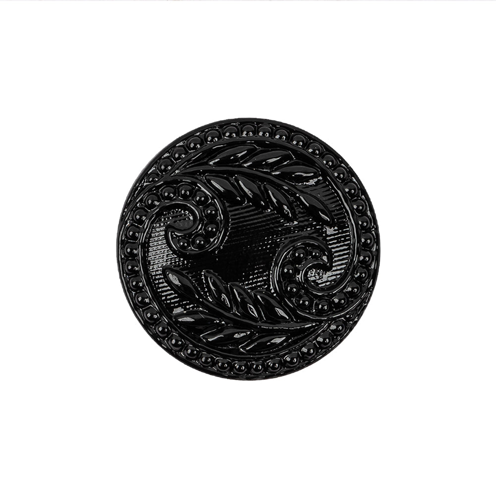 Black Floral Leaf Glass Shank Back Button - 36L/23mm Black Floral Leaf Glass Shank Back Button - 36L/23mm