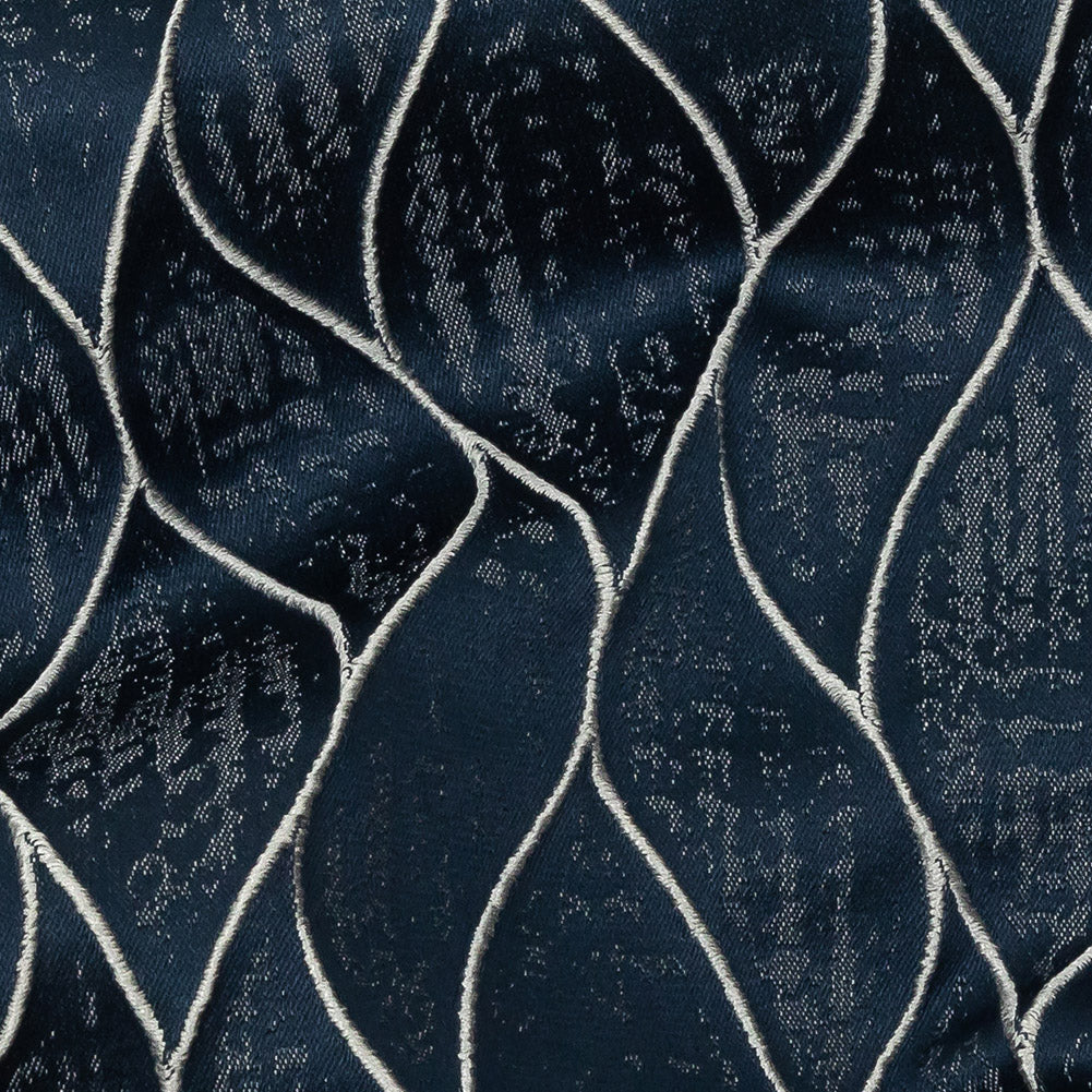 Polyester Jacquard - Indigo Leafy Lines - British Imported Detail Polyester Jacquard - Indigo Leafy Lines - British Imported Detail