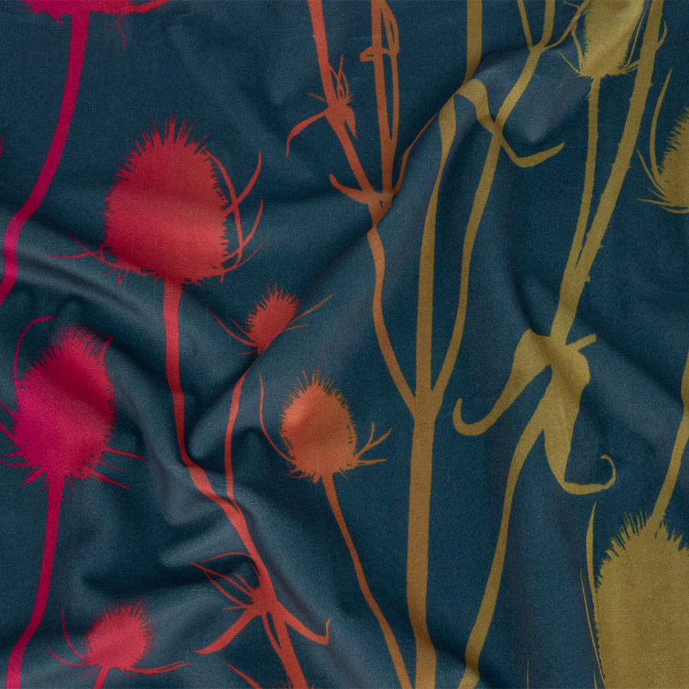 Printed Polyester Velvet - Sunset Thistle Stems - British Imported Printed Polyester Velvet - Sunset Thistle Stems - British Imported