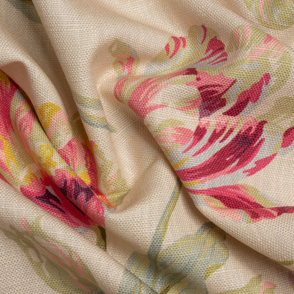 Viscose and Linen Drapery Woven Print - Cranberry Painting Flowers - British Imported Viscose and Linen Drapery Woven Print - Cranberry Painting Flowers - British Imported