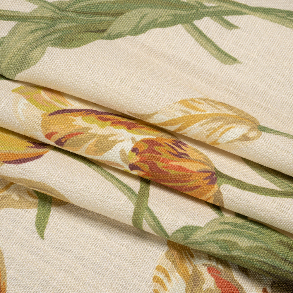 Viscose and Linen Drapery Woven Print - Gold Painting Flowers - British Imported Folded Viscose and Linen Drapery Woven Print - Gold Painting Flowers - British Imported Folded