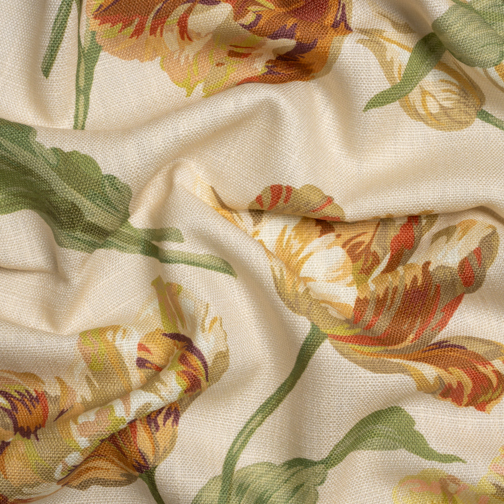 Viscose and Linen Drapery Woven Print - Gold Painting Flowers - British Imported Viscose and Linen Drapery Woven Print - Gold Painting Flowers - British Imported