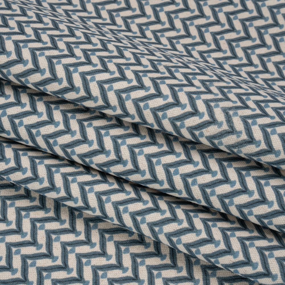 Cotton and Linen Canvas Print - Indigo Leafy Chevrons - British Imported Folded Cotton and Linen Canvas Print - Indigo Leafy Chevrons - British Imported Folded