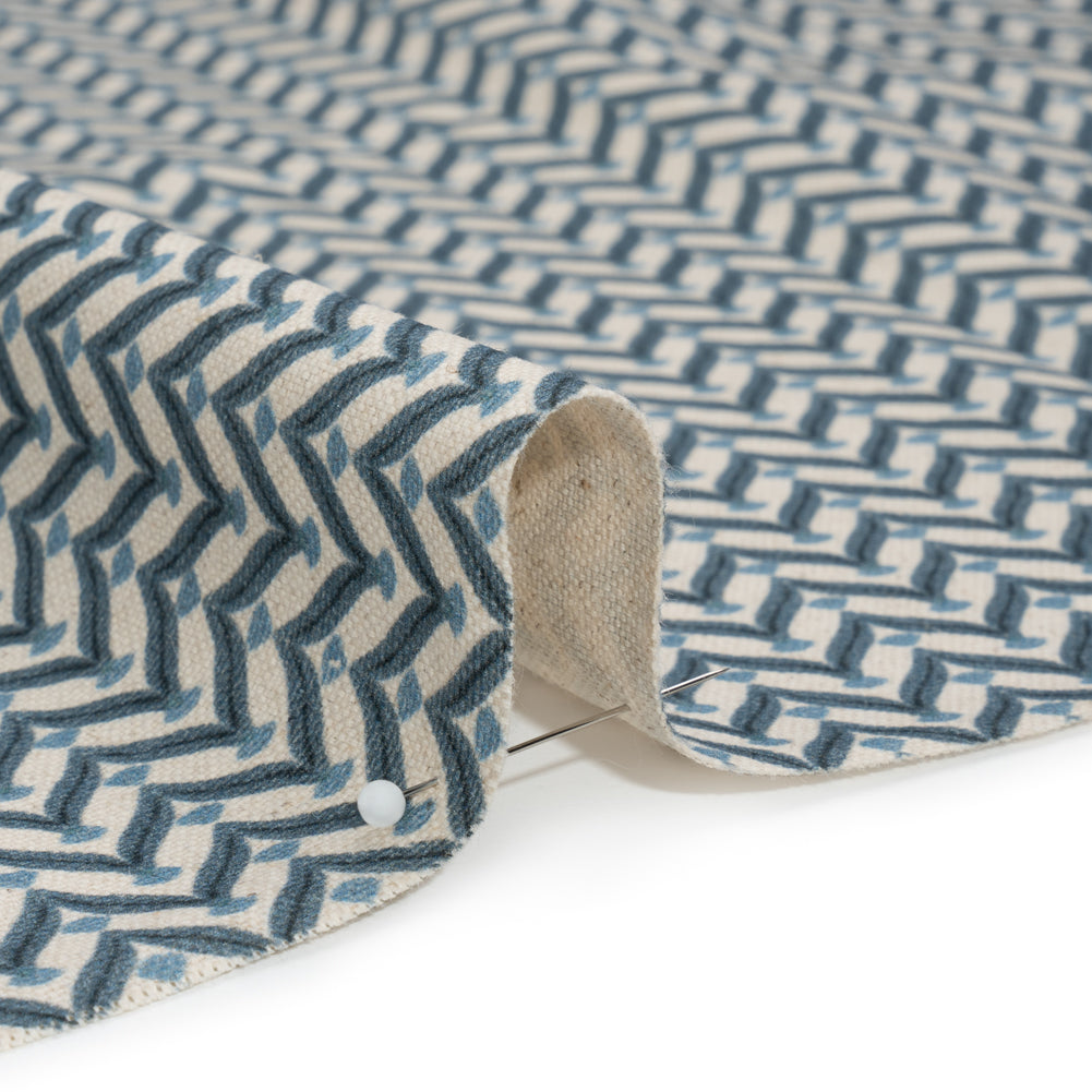 Cotton and Linen Canvas Print - Indigo Leafy Chevrons - British Imported Detail Cotton and Linen Canvas Print - Indigo Leafy Chevrons - British Imported Detail