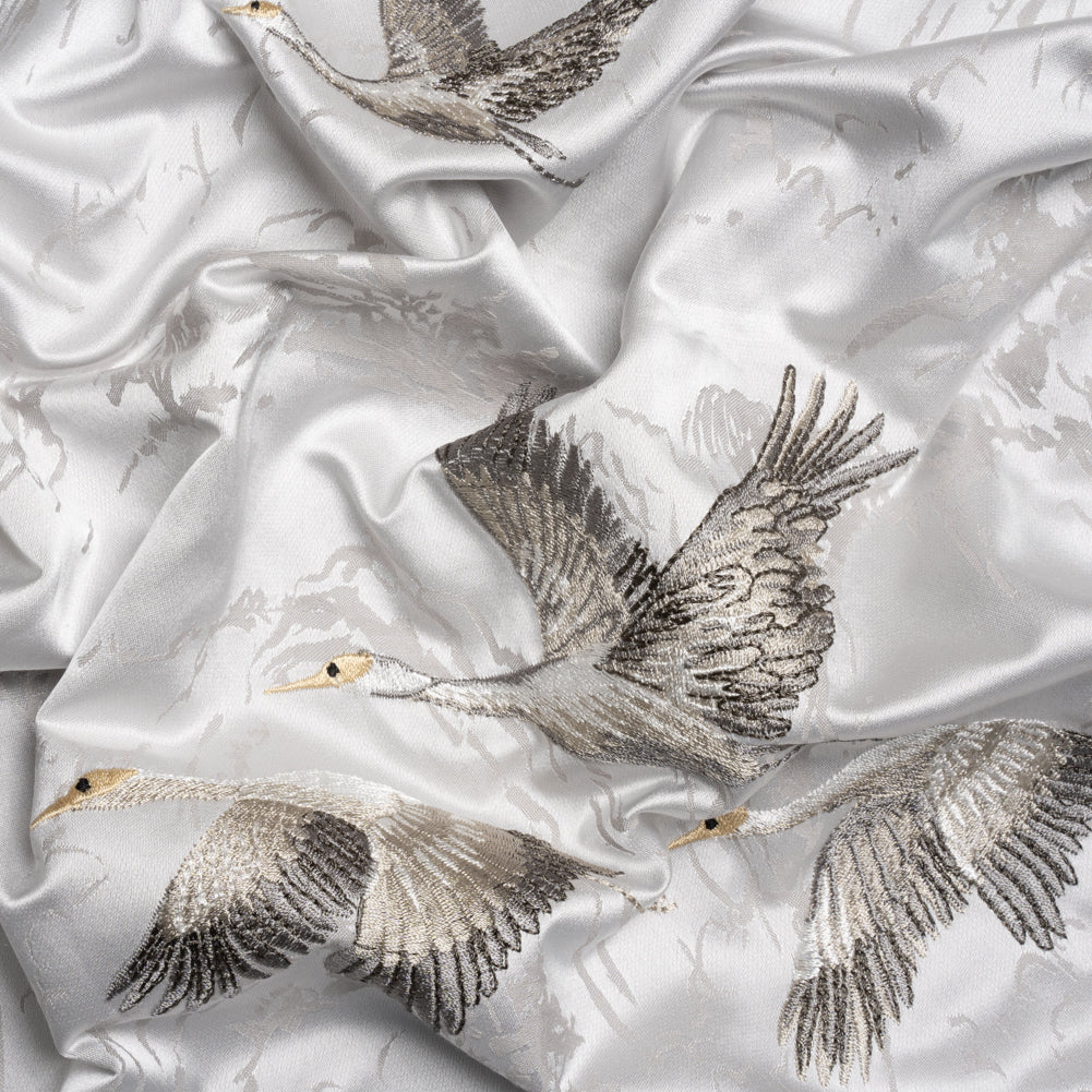 Embroidered Cotton and Polyester Drapery Jacquard - Silver Cranes in the Clouds - British Imported Embroidered Cotton and Polyester Drapery Jacquard - Silver Cranes in the Clouds - British Imported