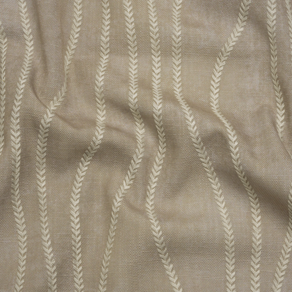 Embroidered Linen-Look Polyester Drapery Woven - Otter Leafy Wavy Lines and Watercolor Texture - British Imported Embroidered Linen-Look Polyester Drapery Woven - Otter Leafy Wavy Lines and Watercolor Texture - British Imported