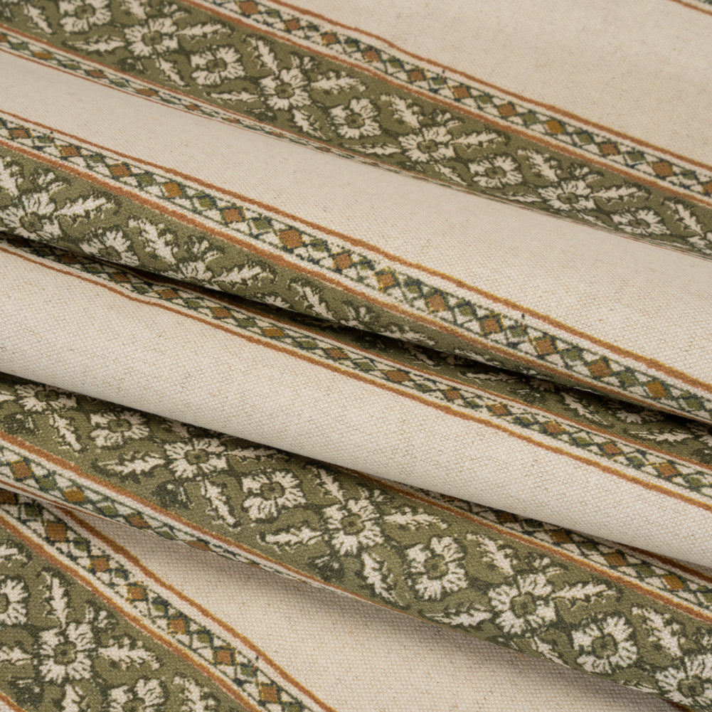 Brushed Cotton and Linen Canvas - Oregano Flowers and Diamonds Stripes - British Imported Folded Brushed Cotton and Linen Canvas - Oregano Flowers and Diamonds Stripes - British Imported Folded