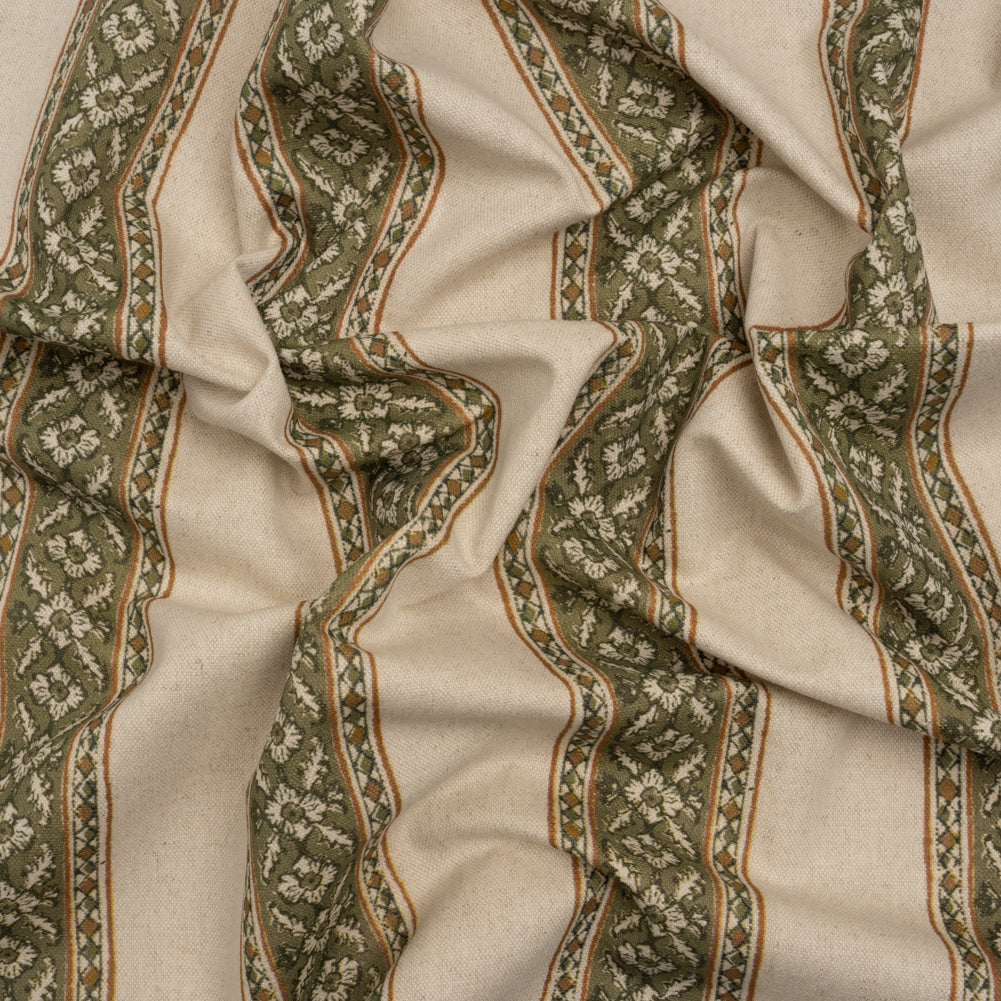 Brushed Cotton and Linen Canvas - Oregano Flowers and Diamonds Stripes - British Imported Brushed Cotton and Linen Canvas - Oregano Flowers and Diamonds Stripes - British Imported