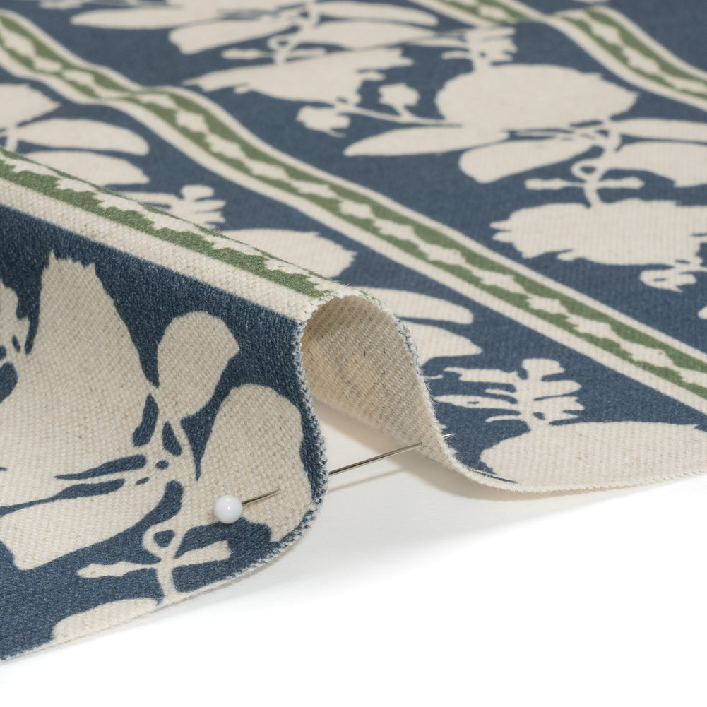 Brushed Cotton and Linen Canvas - Indigo Floral Silhouette Stripes - British Imported Detail Brushed Cotton and Linen Canvas - Indigo Floral Silhouette Stripes - British Imported Detail