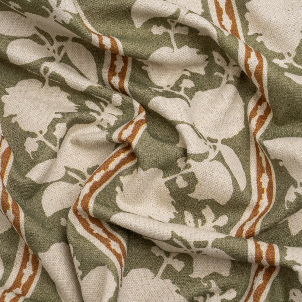 Brushed Cotton and Linen Canvas - Oregano Floral Silhouette Stripes - British Imported Brushed Cotton and Linen Canvas - Oregano Floral Silhouette Stripes - British Imported