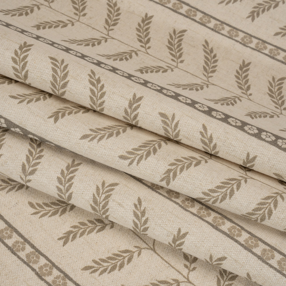Brushed Cotton and Linen Canvas - Jute Fern Leaves and Flower Stripes - British Imported Folded Brushed Cotton and Linen Canvas - Jute Fern Leaves and Flower Stripes - British Imported Folded