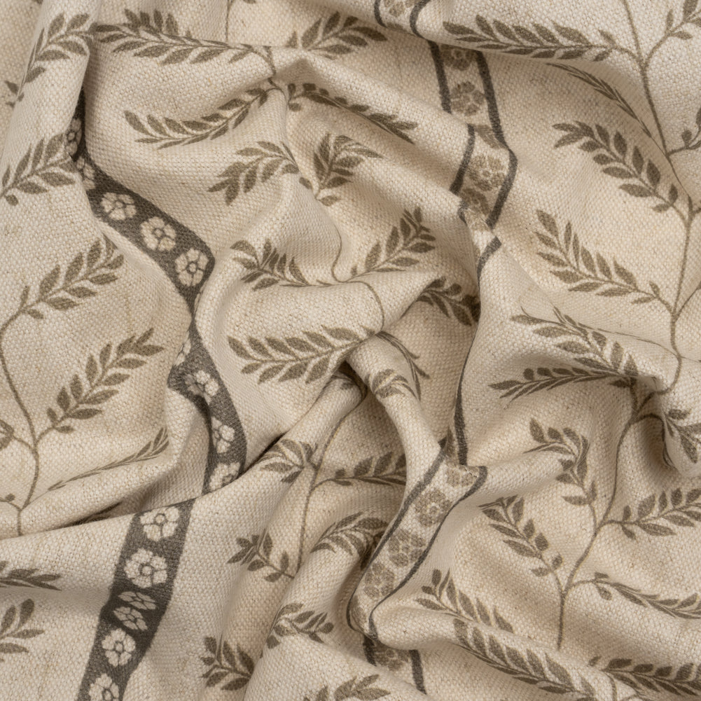 Brushed Cotton and Linen Canvas - Jute Fern Leaves and Flower Stripes - British Imported Brushed Cotton and Linen Canvas - Jute Fern Leaves and Flower Stripes - British Imported
