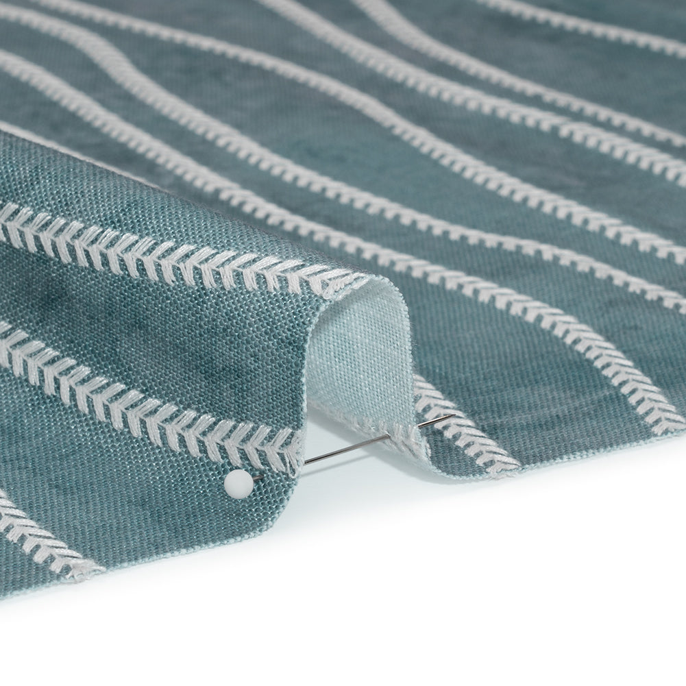 Embroidered Linen-Look Polyester Drapery Woven - Denim Leafy Wavy Lines and Watercolor Texture - British Imported - Detail Embroidered Linen-Look Polyester Drapery Woven - Denim Leafy Wavy Lines and Watercolor Texture - British Imported - Detail