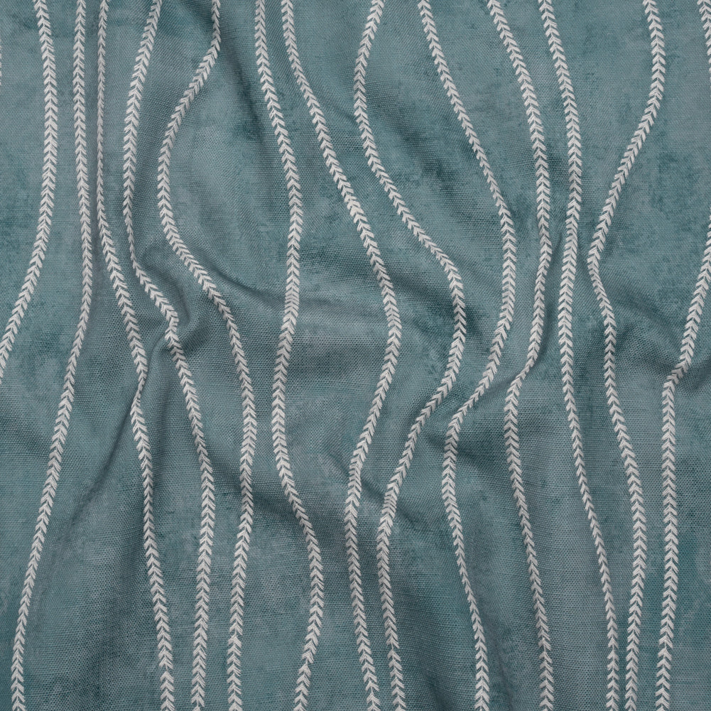 Embroidered Linen-Look Polyester Drapery Woven - Denim Leafy Wavy Lines and Watercolor Texture - British Imported Embroidered Linen-Look Polyester Drapery Woven - Denim Leafy Wavy Lines and Watercolor Texture - British Imported