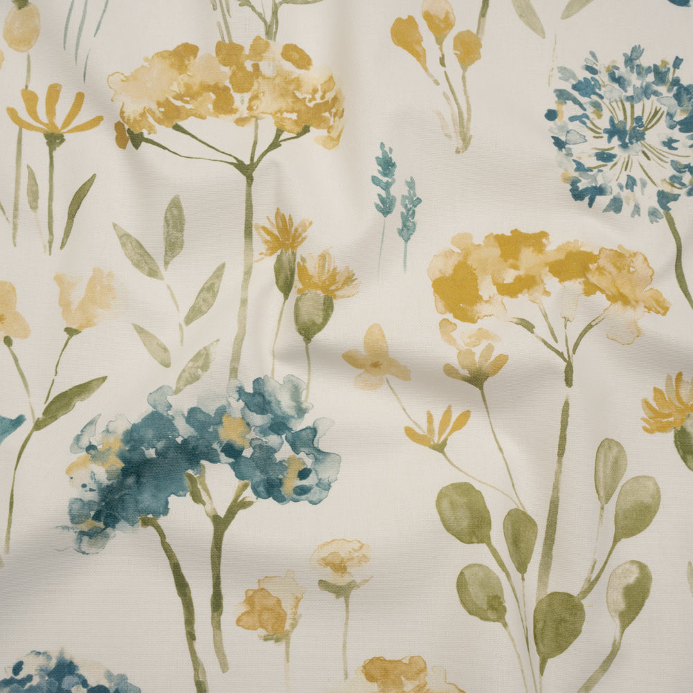 Printed Cotton Canvas - Azure Watercolor Floral Stems - British Imported Printed Cotton Canvas - Azure Watercolor Floral Stems - British Imported