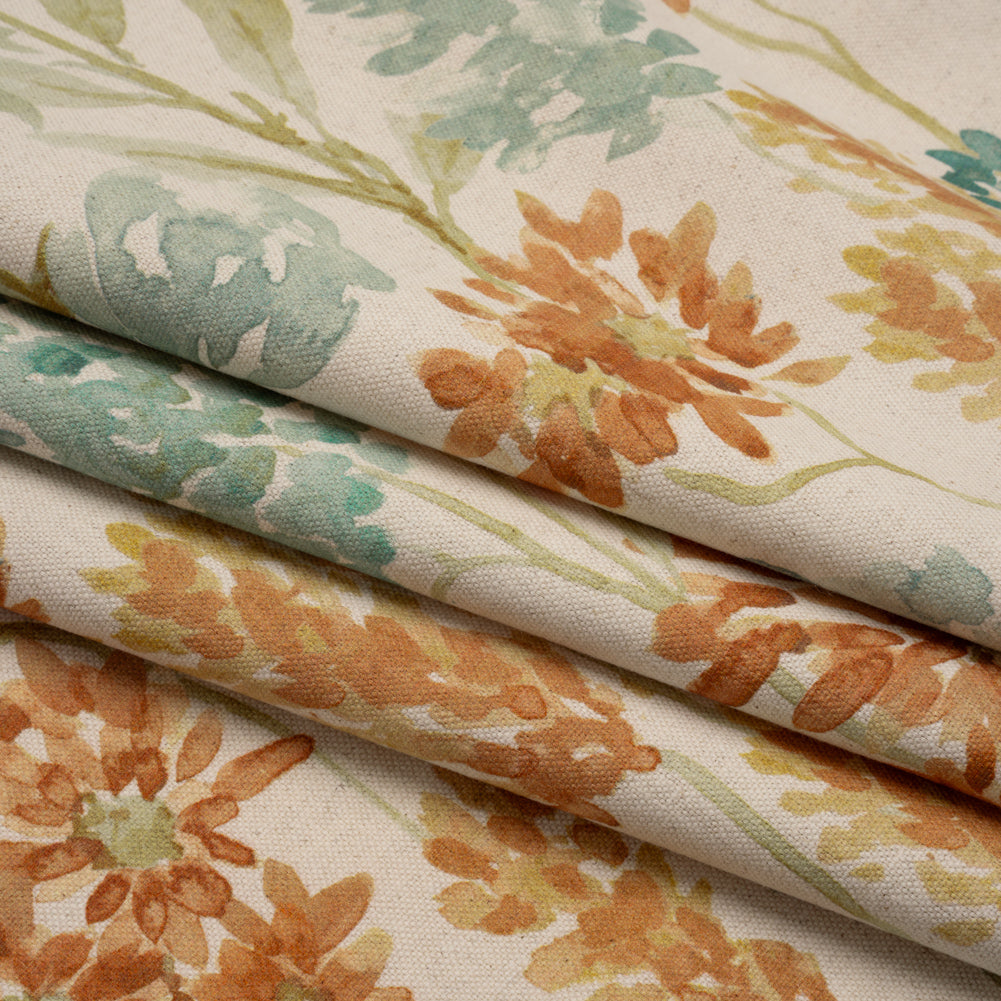 Printed Cotton Canvas - Ginger Blooming Watercolor Garden - British Imported - Folded Printed Cotton Canvas - Ginger Blooming Watercolor Garden - British Imported - Folded