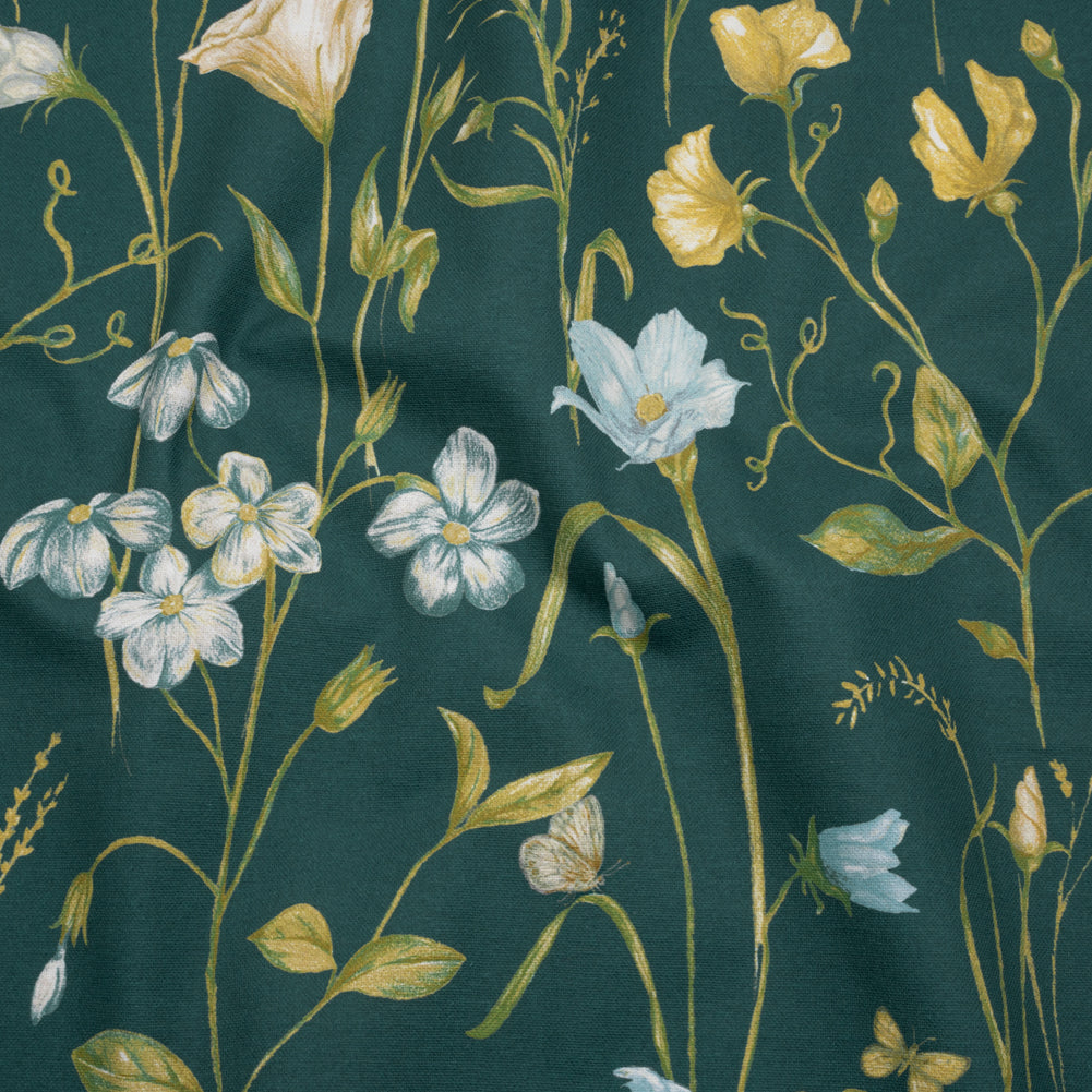 Printed Cotton Canvas - Kingfisher Flowering Stems and Butterflies - British Imported Printed Cotton Canvas - Kingfisher Flowering Stems and Butterflies - British Imported