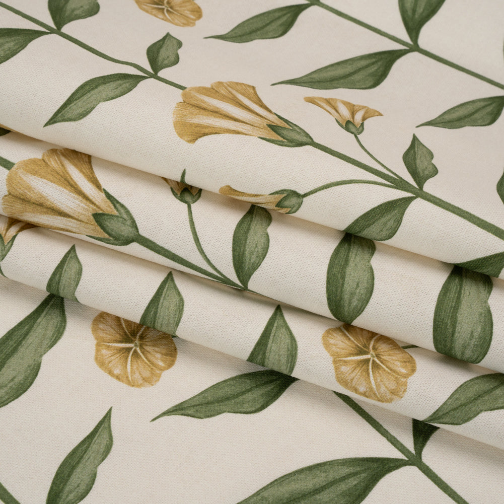 Printed Cotton Canvas - Marigold Balanced Flower Stems - British Imported - Folded Printed Cotton Canvas - Marigold Balanced Flower Stems - British Imported - Folded