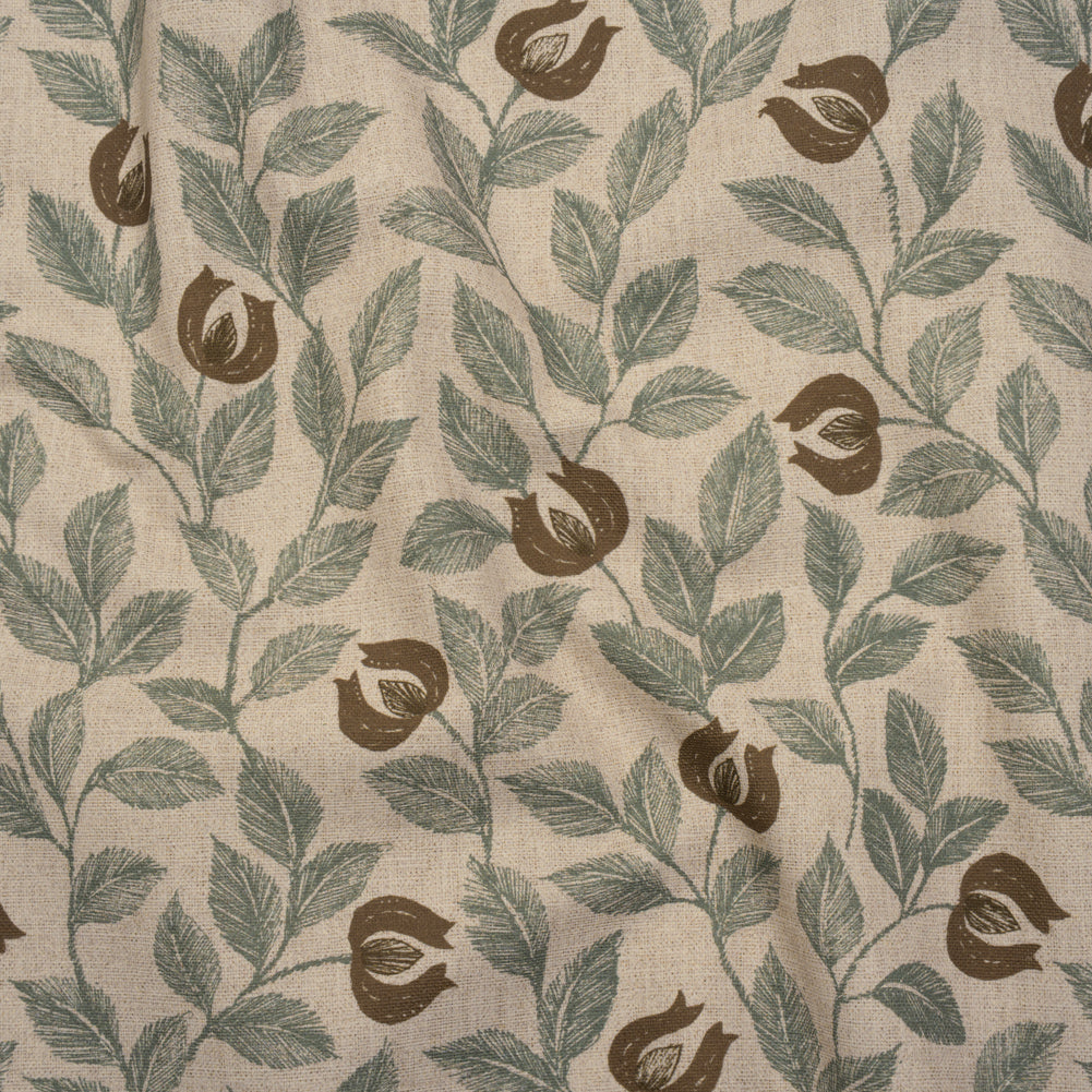 Printed Cotton Canvas - Sage Budding Flowers and Leaves - British Imported Printed Cotton Canvas - Sage Budding Flowers and Leaves - British Imported