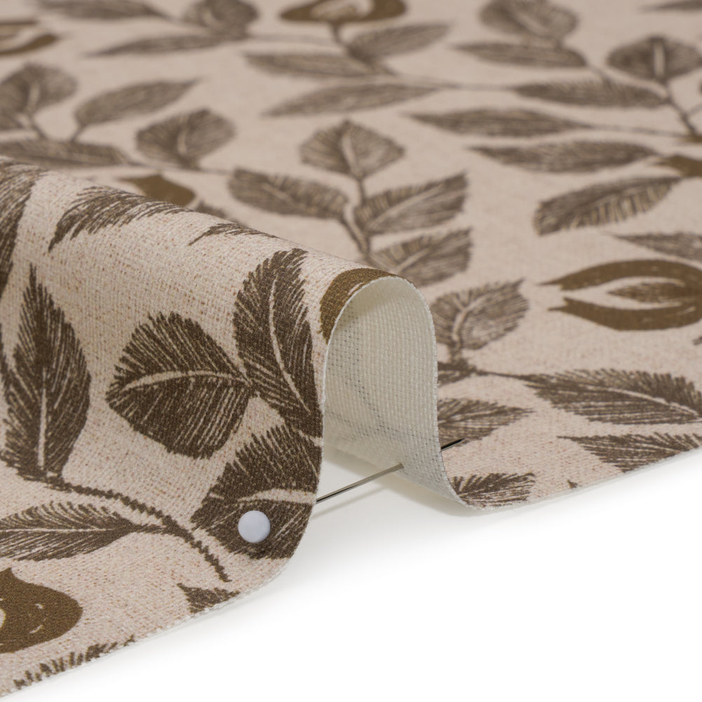 Printed Cotton Canvas - Walnut Budding Flowers and Leaves - British Imported - Detail Printed Cotton Canvas - Walnut Budding Flowers and Leaves - British Imported - Detail