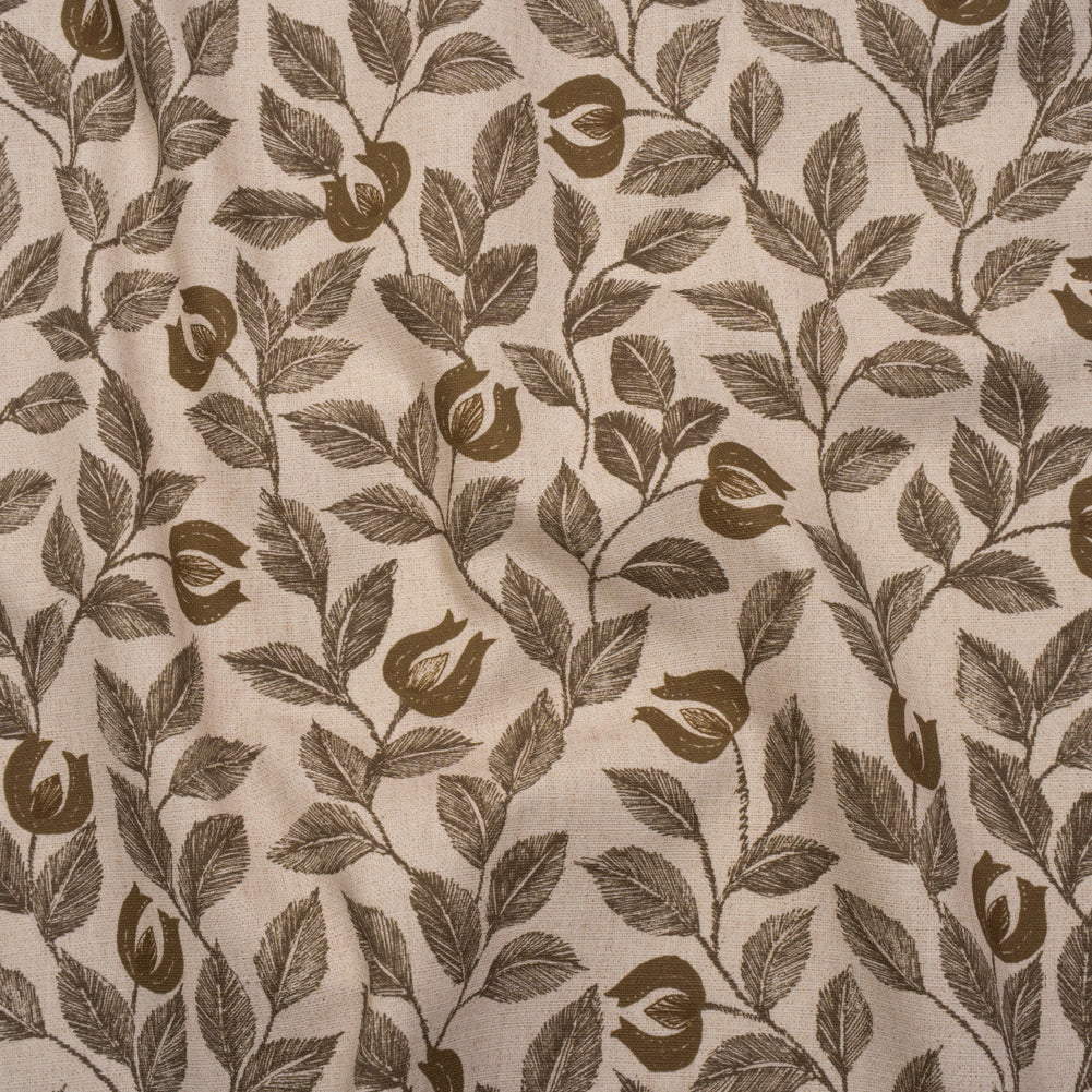 Printed Cotton Canvas - Walnut Budding Flowers and Leaves - British Imported Printed Cotton Canvas - Walnut Budding Flowers and Leaves - British Imported