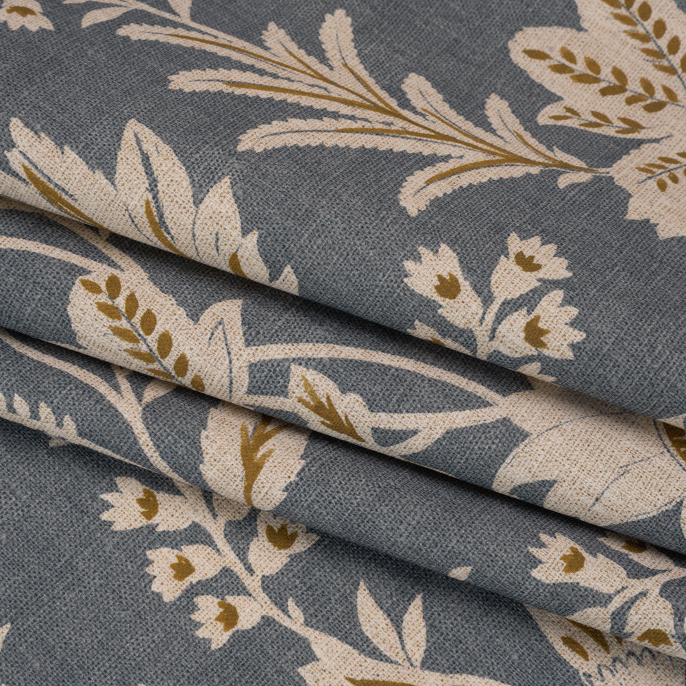 Printed Cotton Canvas - Ink Leafy Sprays and Little Flowers - British Imported - Folded Printed Cotton Canvas - Ink Leafy Sprays and Little Flowers - British Imported - Folded