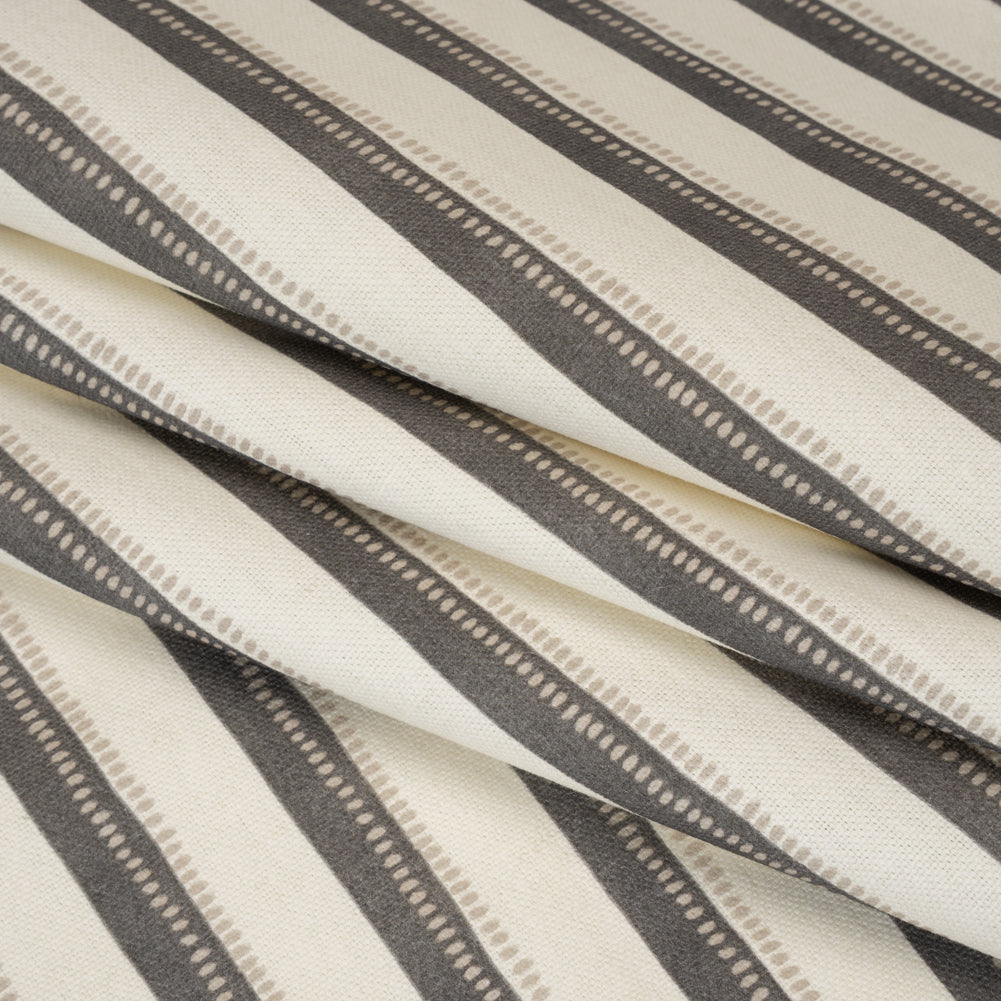 Cotton and Linen Canvas Print - Charcoal Stripes and Dots - British Imported - Folded Cotton and Linen Canvas Print - Charcoal Stripes and Dots - British Imported - Folded