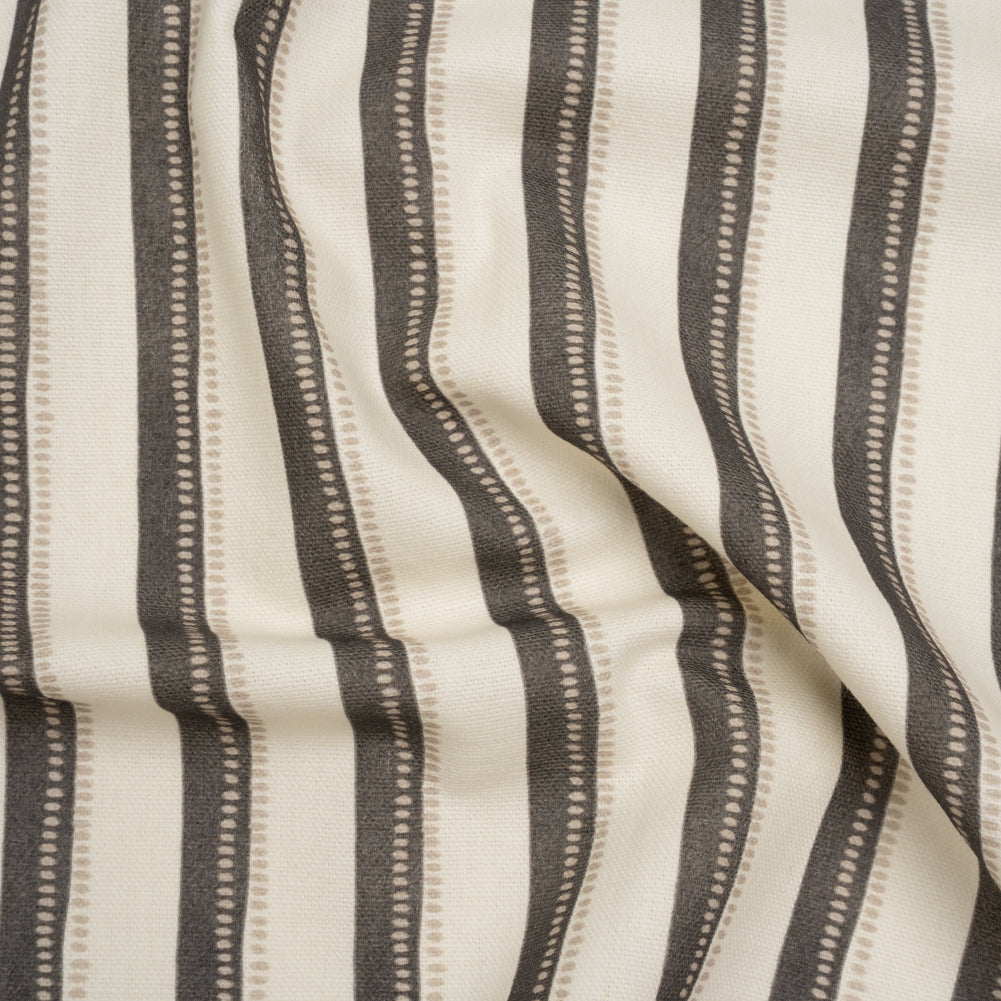 Cotton and Linen Canvas Print - Charcoal Stripes and Dots - British Imported Cotton and Linen Canvas Print - Charcoal Stripes and Dots - British Imported