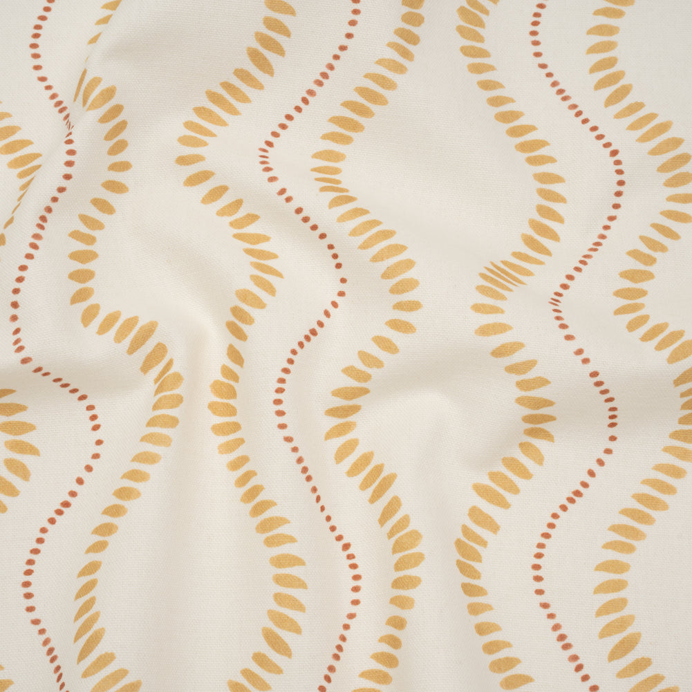Cotton and Linen Canvas Print - Ochre Waves of Petal and Dots - British Imported Cotton and Linen Canvas Print - Ochre Waves of Petal and Dots - British Imported