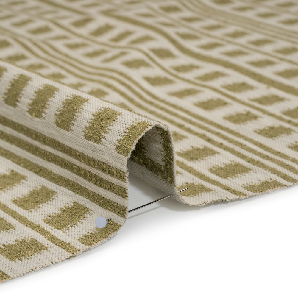 Polyester and Cotton Home Decor Jacquard - Olive Ikat Squares in Stripes - British Imported Detail Polyester and Cotton Home Decor Jacquard - Olive Ikat Squares in Stripes - British Imported Detail