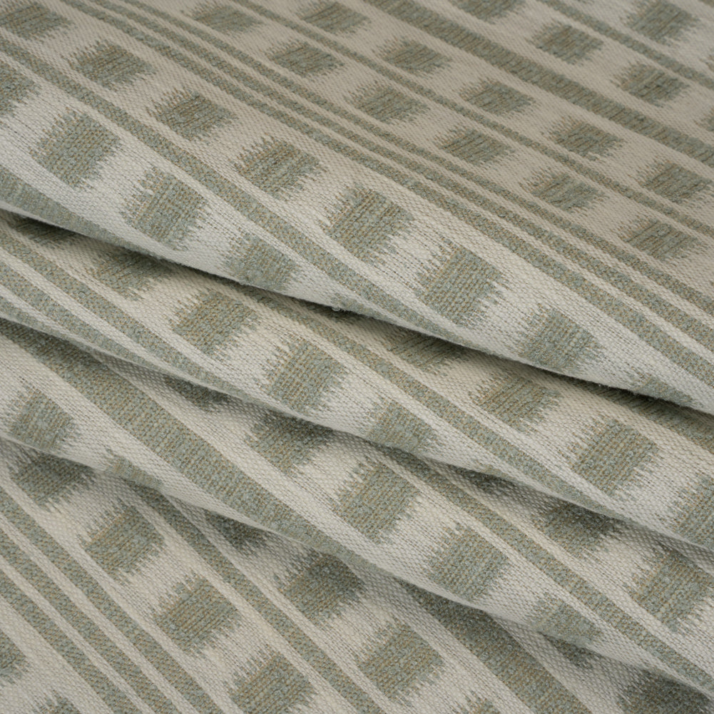 Polyester and Cotton Home Decor Jacquard - Sage Ikat Squares in Stripes - British Imported Folded Polyester and Cotton Home Decor Jacquard - Sage Ikat Squares in Stripes - British Imported Folded