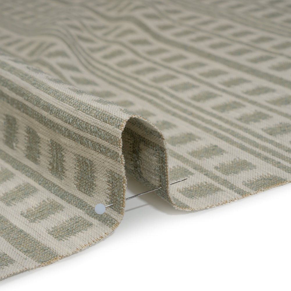 Polyester and Cotton Home Decor Jacquard - Sage Ikat Squares in Stripes - British Imported Detail Polyester and Cotton Home Decor Jacquard - Sage Ikat Squares in Stripes - British Imported Detail