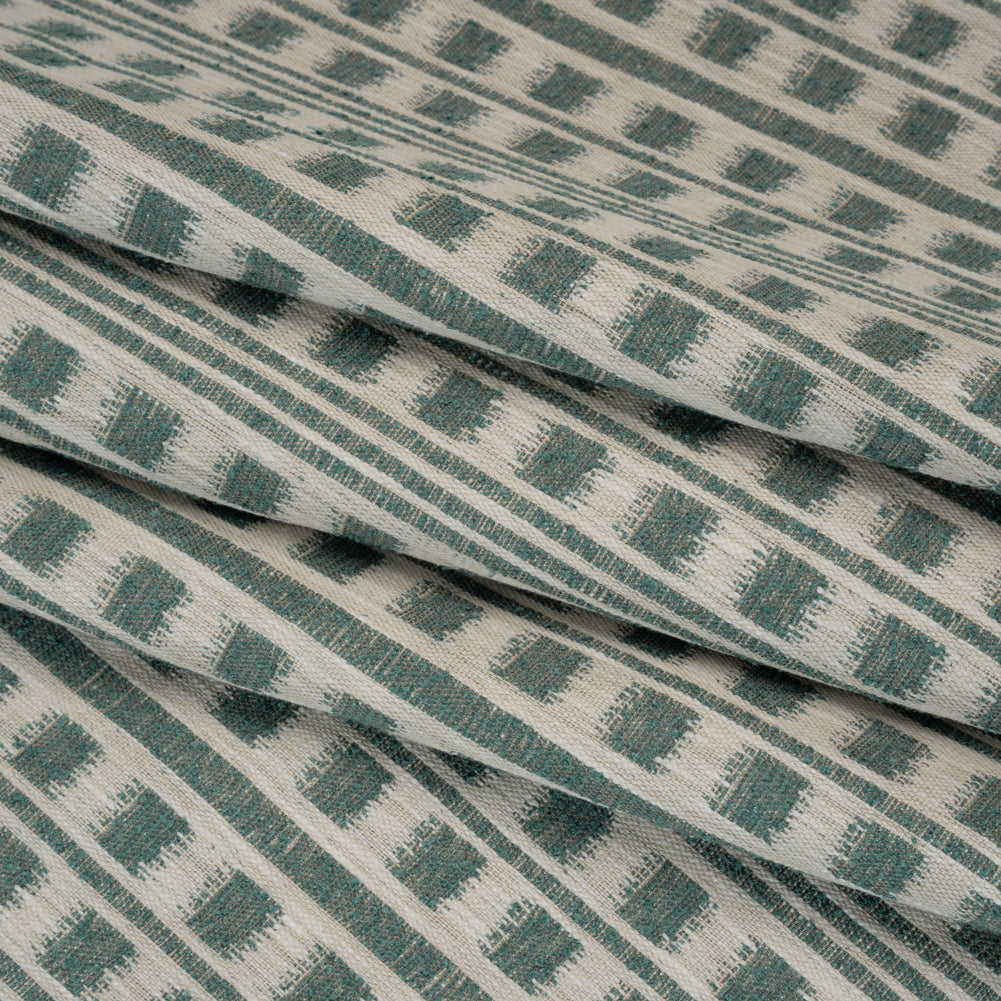 Polyester and Cotton Home Decor Jacquard - Teal Ikat Squares in Stripes - British Imported Folded Polyester and Cotton Home Decor Jacquard - Teal Ikat Squares in Stripes - British Imported Folded