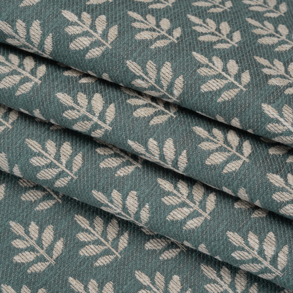 Polyester and Cotton Twill Jacquard - Teal Lines of Leaves - British Imported - Folded Polyester and Cotton Twill Jacquard - Teal Lines of Leaves - British Imported - Folded