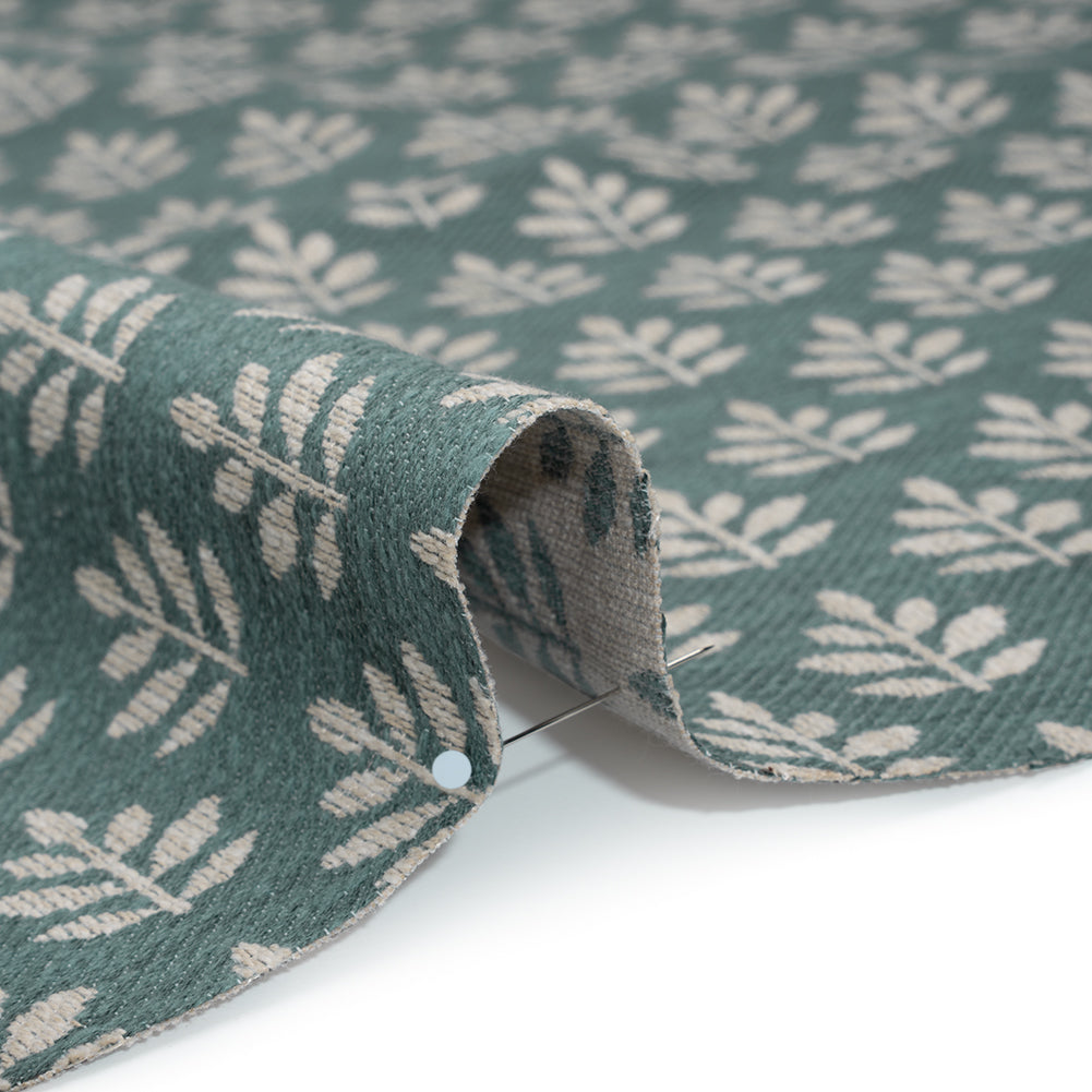 Polyester and Cotton Twill Jacquard - Teal Lines of Leaves - British Imported - Detail Polyester and Cotton Twill Jacquard - Teal Lines of Leaves - British Imported - Detail