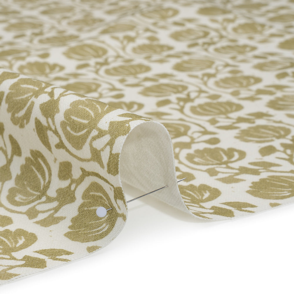 Cotton and Linen Canvas Print - Olive Block Print Florals - British Imported - Detail Cotton and Linen Canvas Print - Olive Block Print Florals - British Imported - Detail