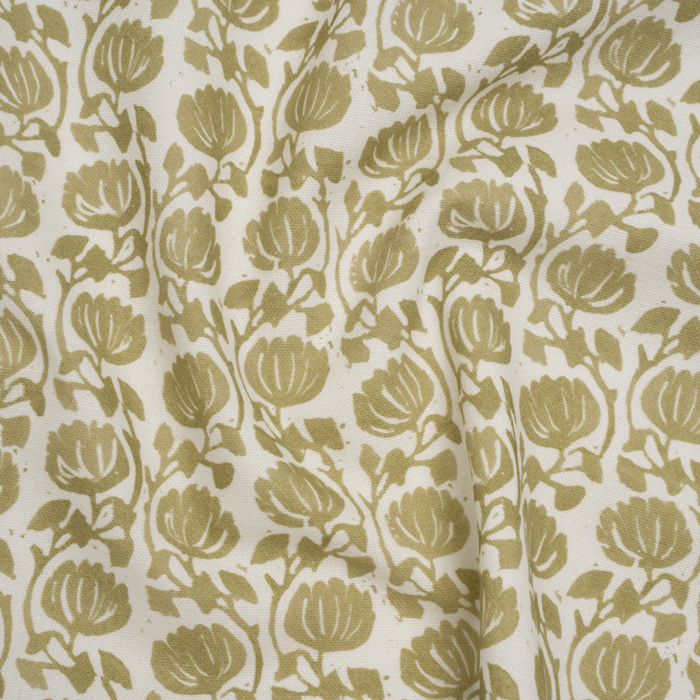 Cotton and Linen Canvas Print - Olive Block Print Florals - British Imported Cotton and Linen Canvas Print - Olive Block Print Florals - British Imported