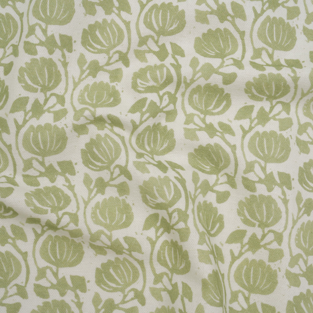 Cotton and Linen Canvas Print - Pistachio Block Print Florals - British Imported Cotton and Linen Canvas Print - Pistachio Block Print Florals - British Imported