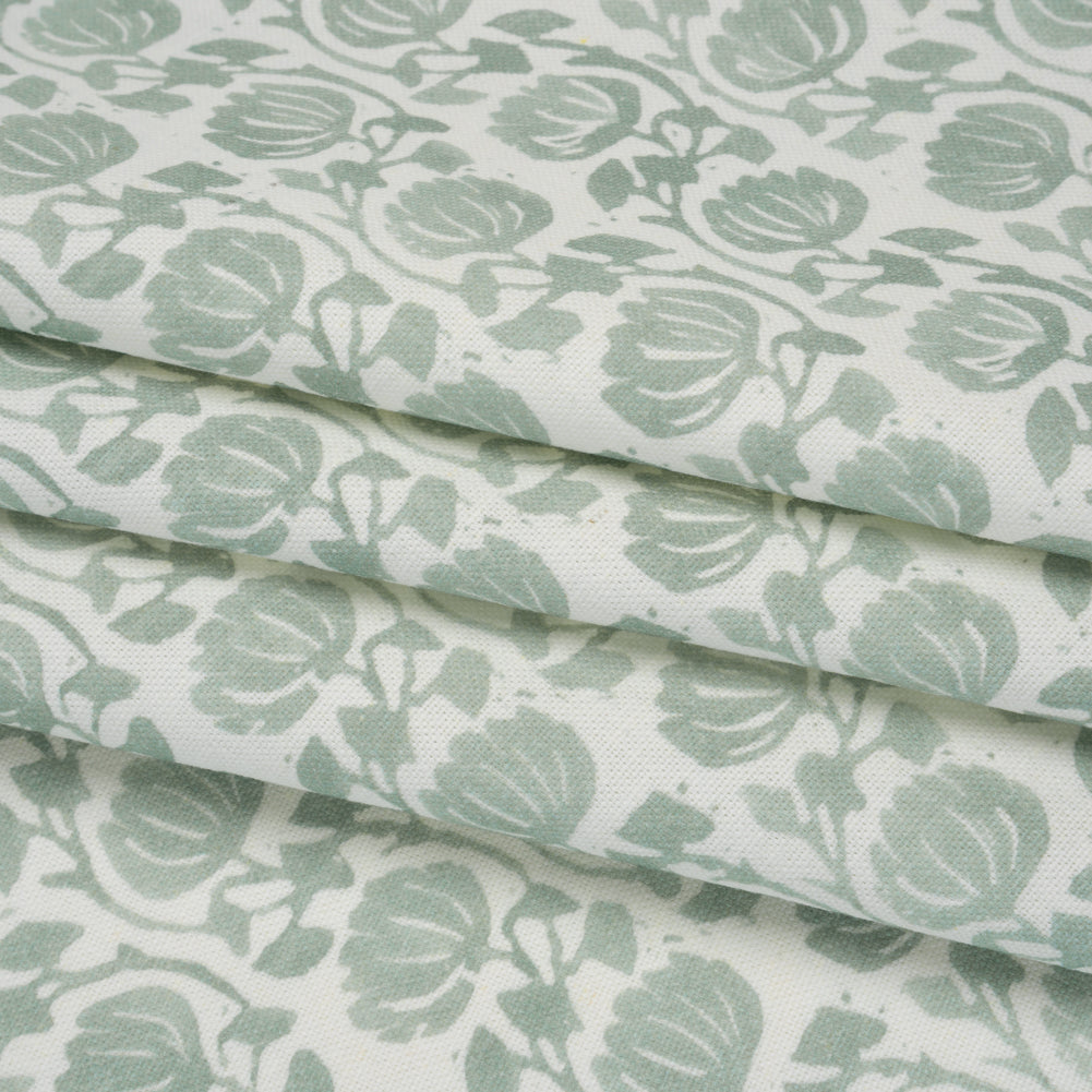 Cotton and Linen Canvas Print - Seafoam Block Print Florals - British Imported - Folded Cotton and Linen Canvas Print - Seafoam Block Print Florals - British Imported - Folded