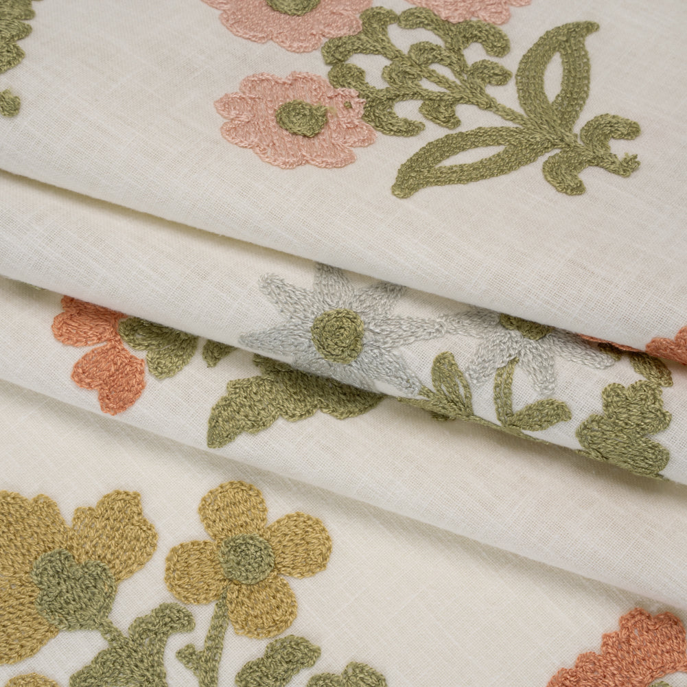 Polyester and Cotton Slubbed Drapery Woven with Viscose Embroidery - Garden Simple Flowers - British Imported - Folded Polyester and Cotton Slubbed Drapery Woven with Viscose Embroidery - Garden Simple Flowers - British Imported - Folded
