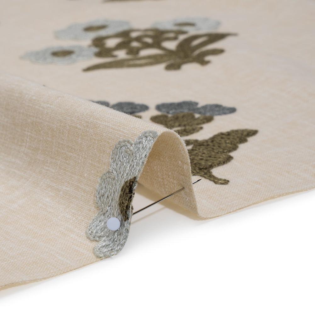 Polyester and Cotton Slubbed Drapery Woven with Viscose Embroidery - Iris Simple Flowers - British Imported - Detail Polyester and Cotton Slubbed Drapery Woven with Viscose Embroidery - Iris Simple Flowers - British Imported - Detail