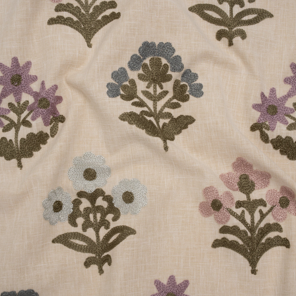 Polyester and Cotton Slubbed Drapery Woven with Viscose Embroidery - Iris Simple Flowers - British Imported Polyester and Cotton Slubbed Drapery Woven with Viscose Embroidery - Iris Simple Flowers - British Imported