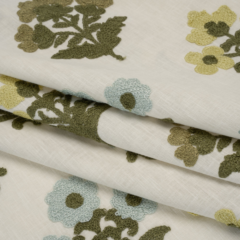 Polyester and Cotton Slubbed Drapery Woven with Viscose Embroidery - Lagoon Simple Flowers - British Imported - Folded Polyester and Cotton Slubbed Drapery Woven with Viscose Embroidery - Lagoon Simple Flowers - British Imported - Folded
