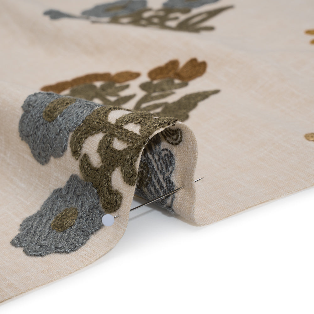 Polyester and Cotton Slubbed Drapery Woven with Viscose Embroidery - Maize Simple Flowers - British Imported - Detail Polyester and Cotton Slubbed Drapery Woven with Viscose Embroidery - Maize Simple Flowers - British Imported - Detail