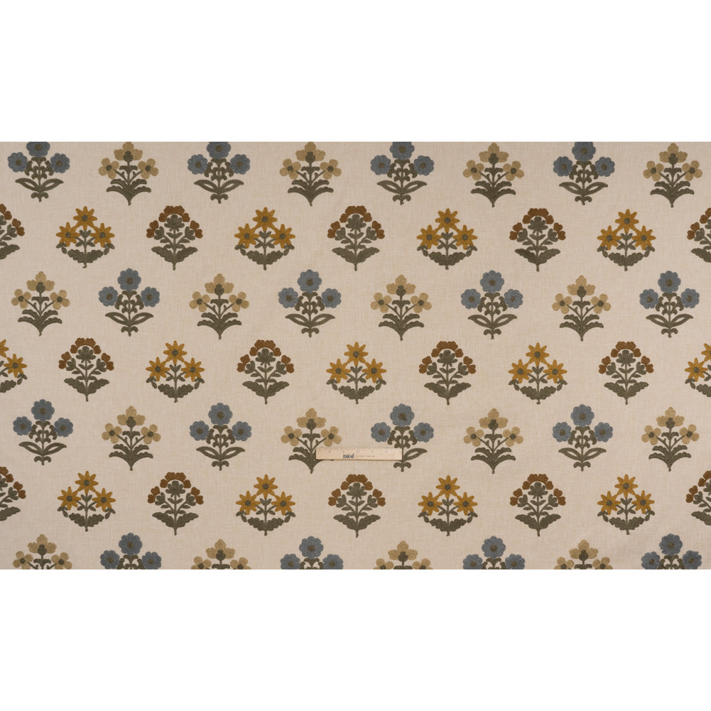 Polyester and Cotton Slubbed Drapery Woven with Viscose Embroidery - Maize Simple Flowers - British Imported - Full Polyester and Cotton Slubbed Drapery Woven with Viscose Embroidery - Maize Simple Flowers - British Imported - Full