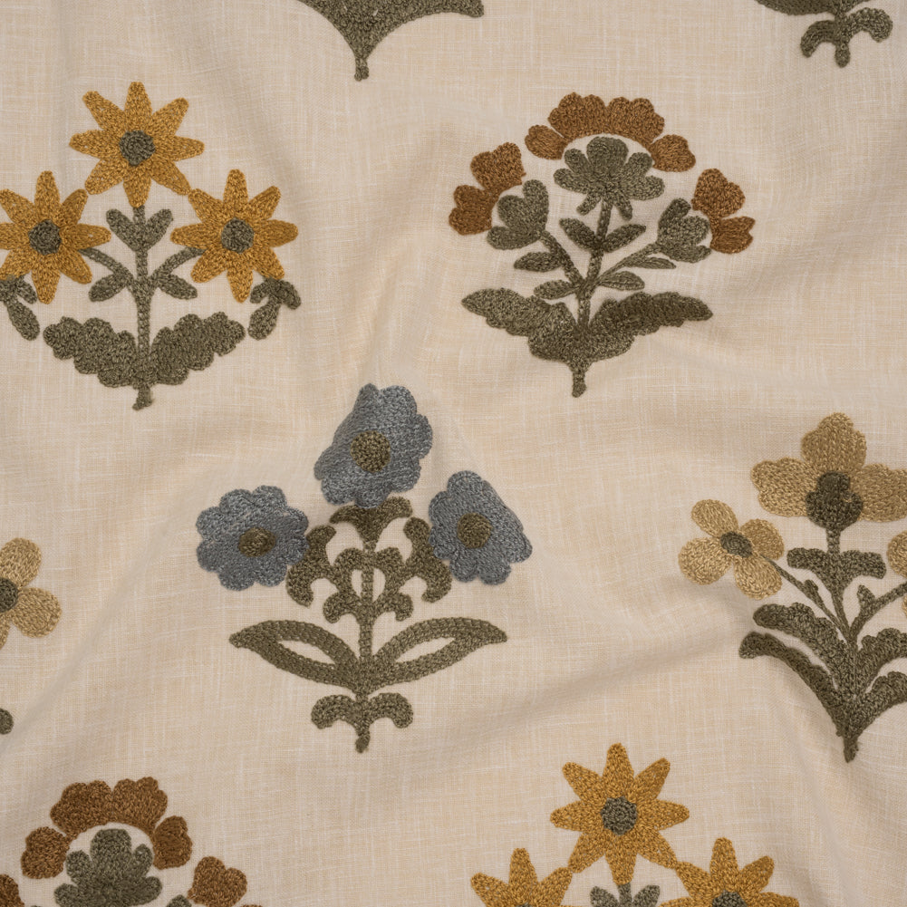 Polyester and Cotton Slubbed Drapery Woven with Viscose Embroidery - Maize Simple Flowers - British Imported Polyester and Cotton Slubbed Drapery Woven with Viscose Embroidery - Maize Simple Flowers - British Imported