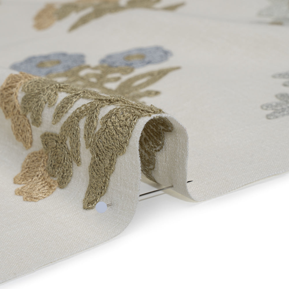 Polyester and Cotton Slubbed Drapery Woven with Viscose Embroidery - Seaspray Simple Flowers - British Imported - Detail Polyester and Cotton Slubbed Drapery Woven with Viscose Embroidery - Seaspray Simple Flowers - British Imported - Detail