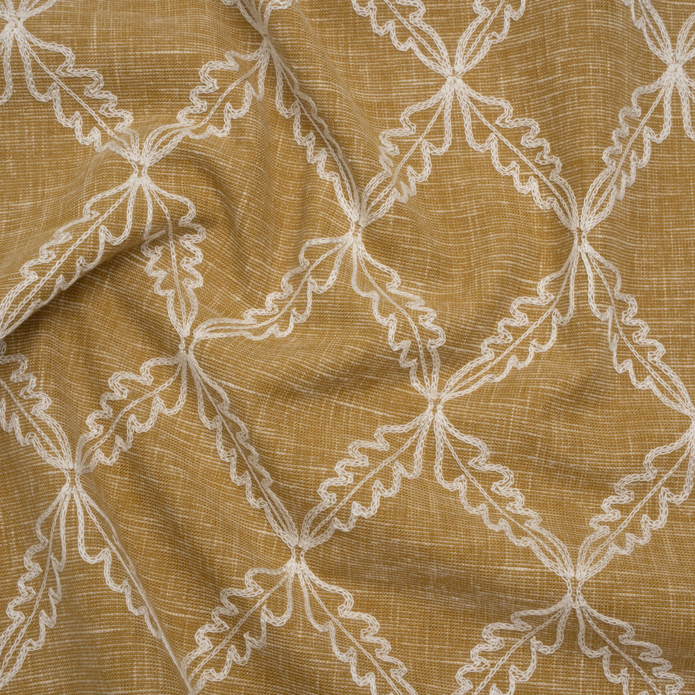 Embroidered Polyester and Cotton Woven - Ochre Leaf Diamonds - British Imported Embroidered Polyester and Cotton Woven - Ochre Leaf Diamonds - British Imported