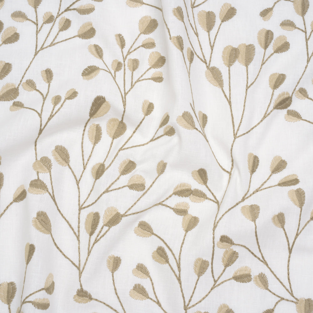 Embroidered Polyester and Cotton Woven - Linen Budding Plants - British Imported Embroidered Polyester and Cotton Woven - Linen Budding Plants - British Imported
