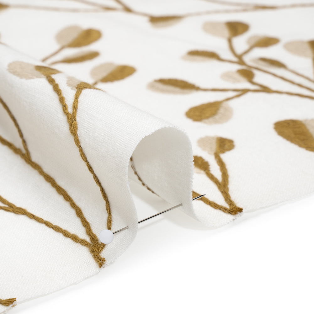 Embroidered Polyester and Cotton Woven - Ochre Budding Plants - British Imported - Detail Embroidered Polyester and Cotton Woven - Ochre Budding Plants - British Imported - Detail